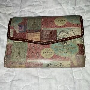 Fossil Mini Leather Wallet Vintage Retired European Map Travel Stamp Vintage Y2K